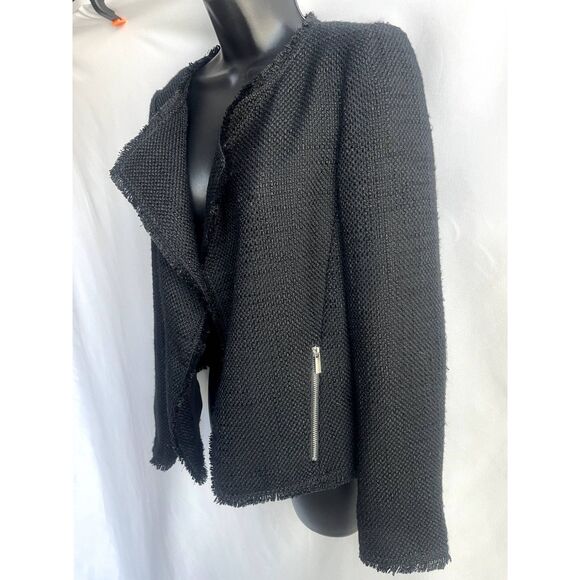 Saks Fifth Avenue Black Tweed Open Front Jacket Transitional Blazer sz M Formal - Picture 4 of 11